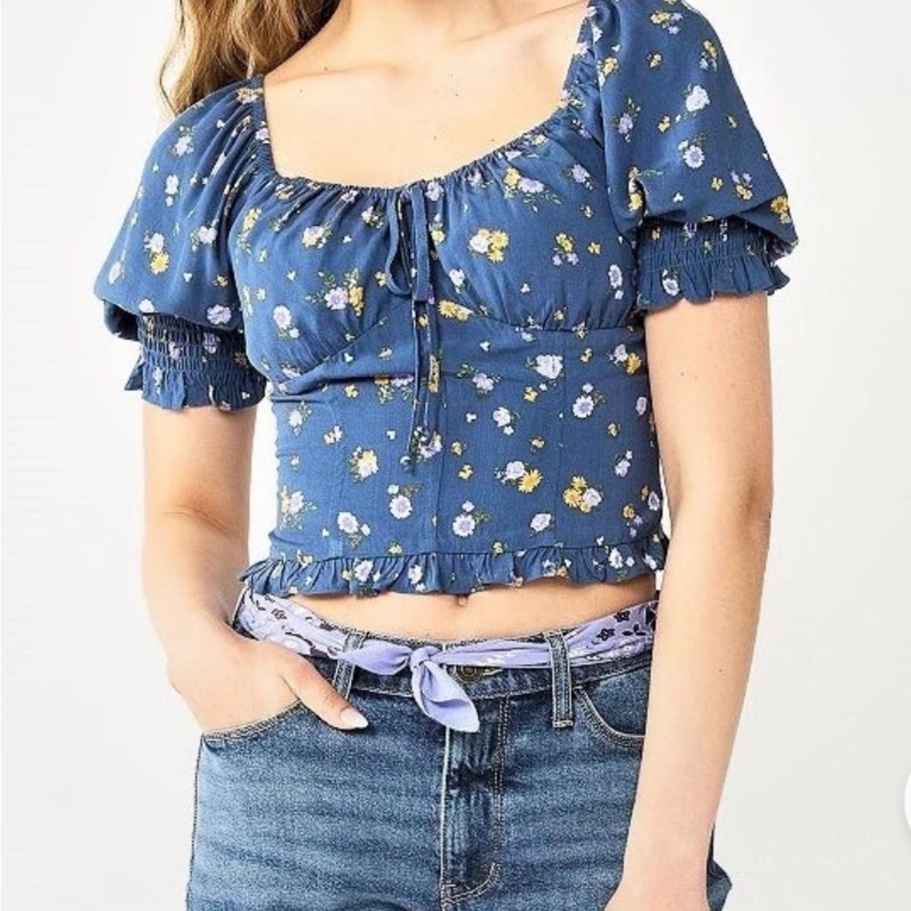 SO Cropped Tie-Front Puff Top, Blue XL Junior